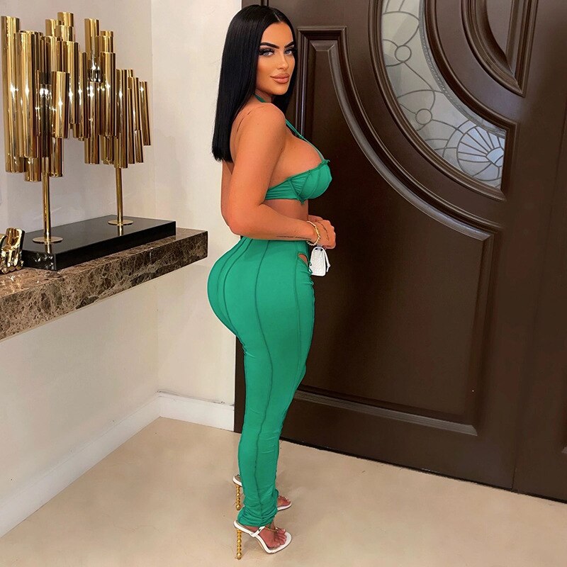 Adogirl Summer Solid Two Piece Set Women Sleeveless Halter Crop Tops + Leggings Female Sexy Party Club Y2k Streetwear Outfits