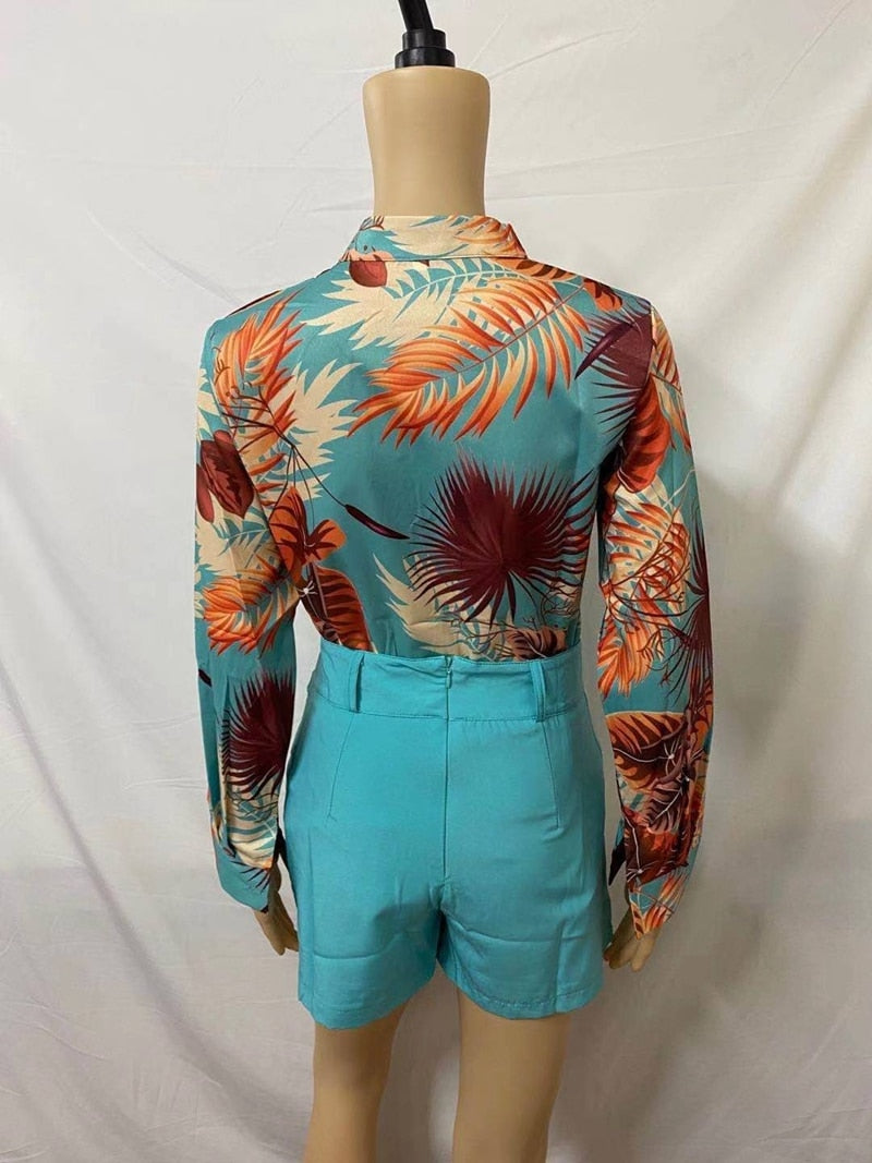 2022 Women's Suit Summer Tracksuit Shorts Sets Two Piece Sets Women Outifits Long Sleeve Sexy Print Blouses Women No Belt