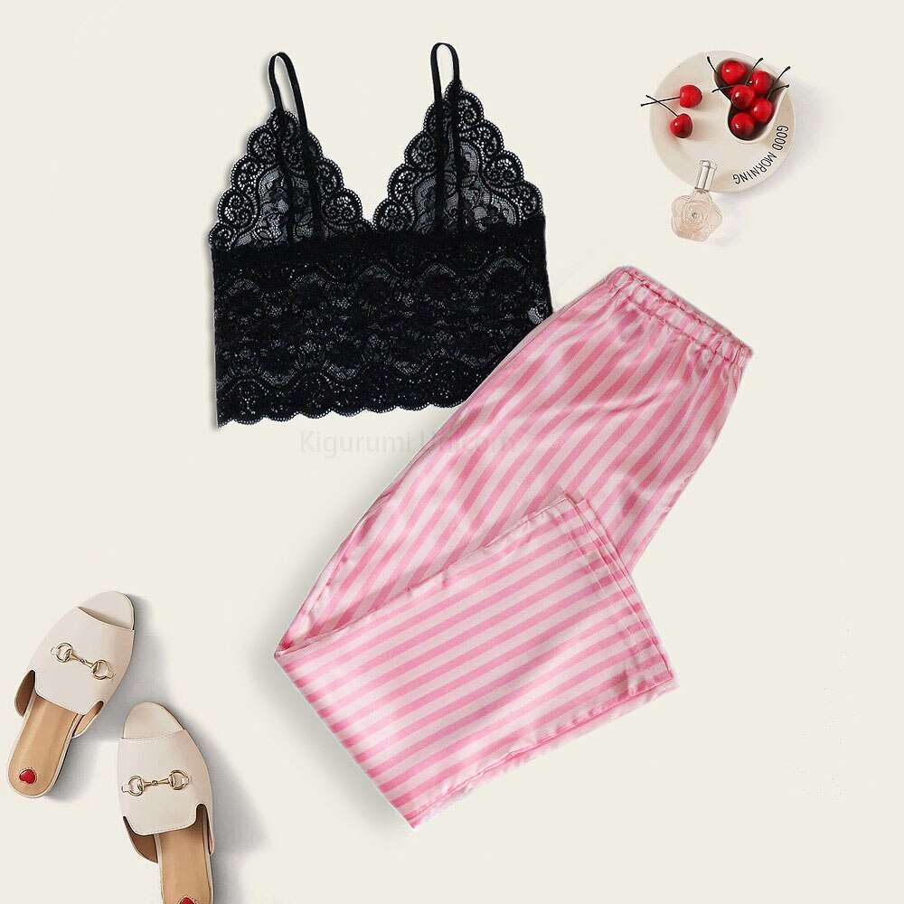2022 New Robe Sets Pijamas Women Faux Silk Pajamas for Women Sexy Lace Hot V-neck Sleep wear Satin Summer Clothing Sets Homewear