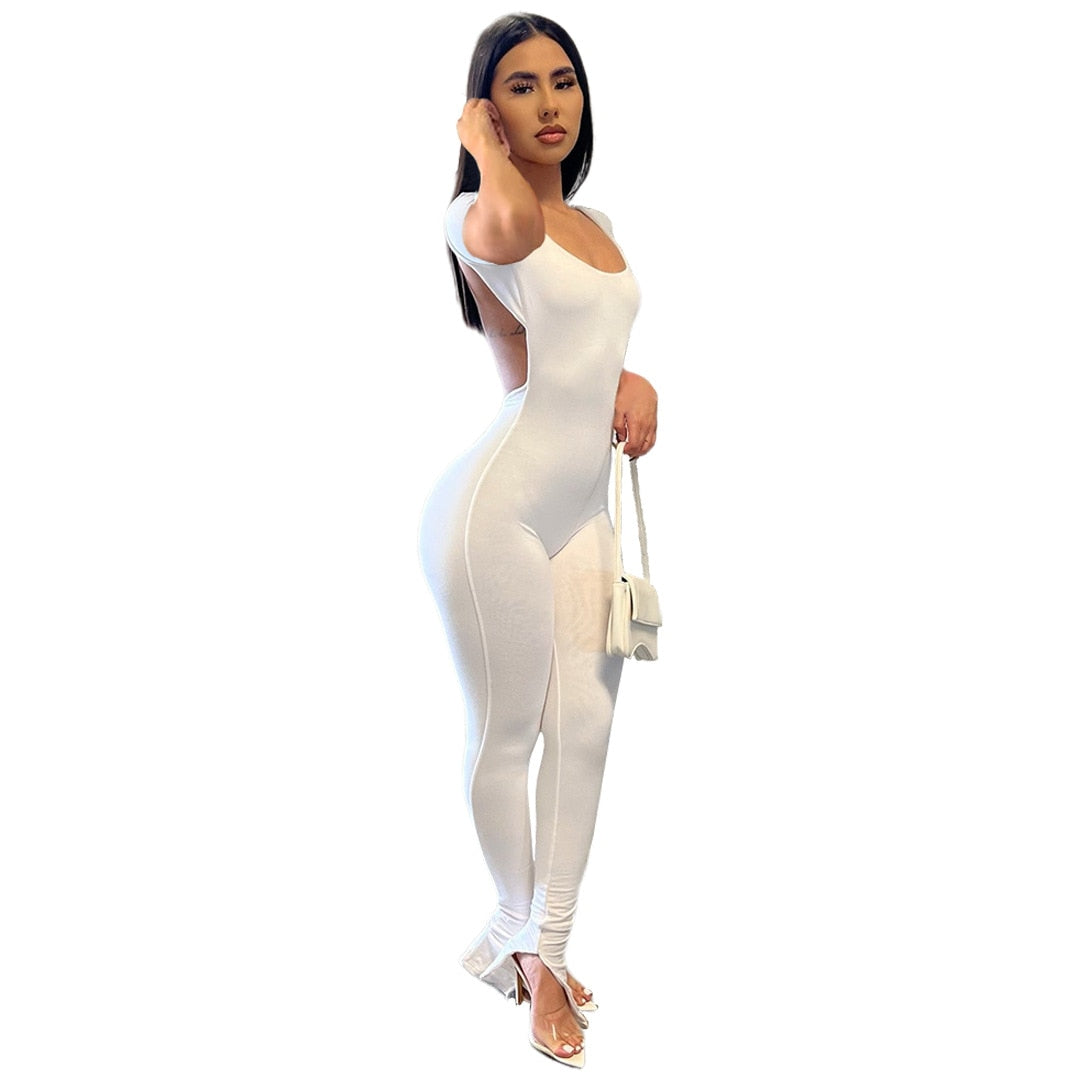 Echoine 2022 Women New Solid Backless Slit Flared Long Pants  bodysuits Short Sleeve Jumpsuits Fasion Sexy Club Party overalls