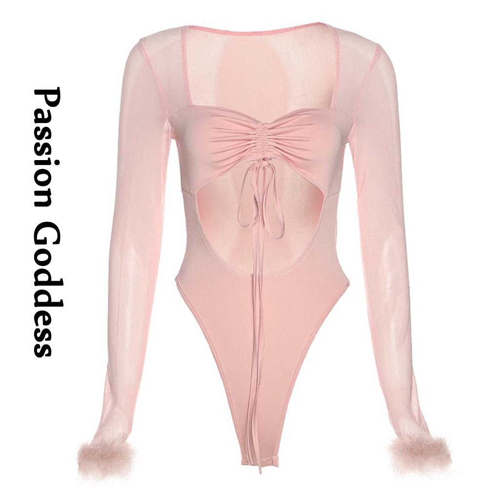 Sexy Women Cute Feathers Bodysuits Pink Fur Sleelve Drawstring Rompers Outfits Hollow Out Mesh Bodysuit Party Nightclub Overalls