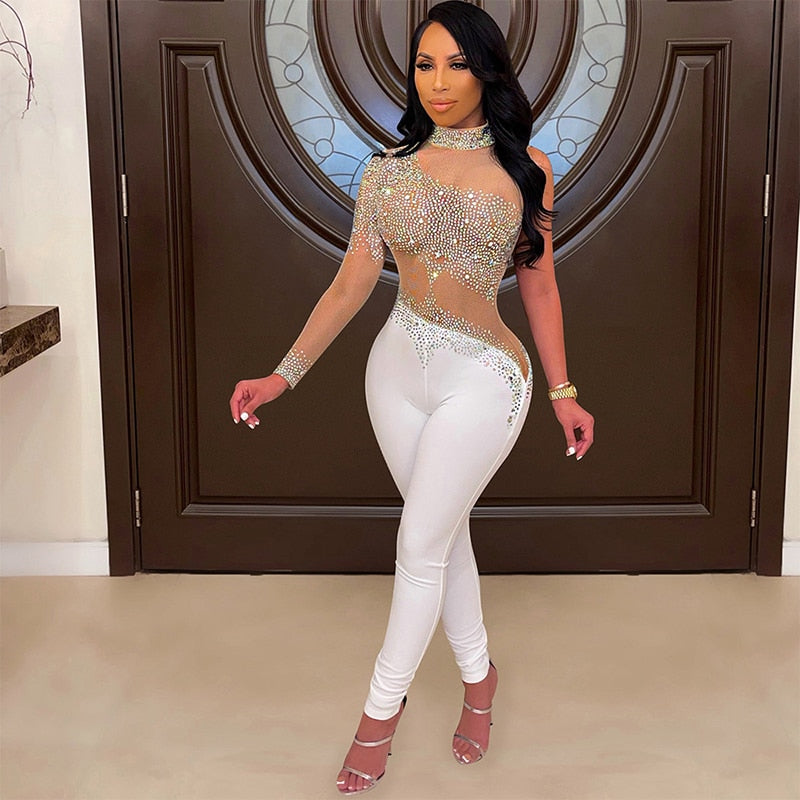 One Shoulder Sexy See Through Bodycon Outfits Perspective Summer Clothes Romper Rumper Jumpsuit Mesh Rhinestones Woman Bodysuits
