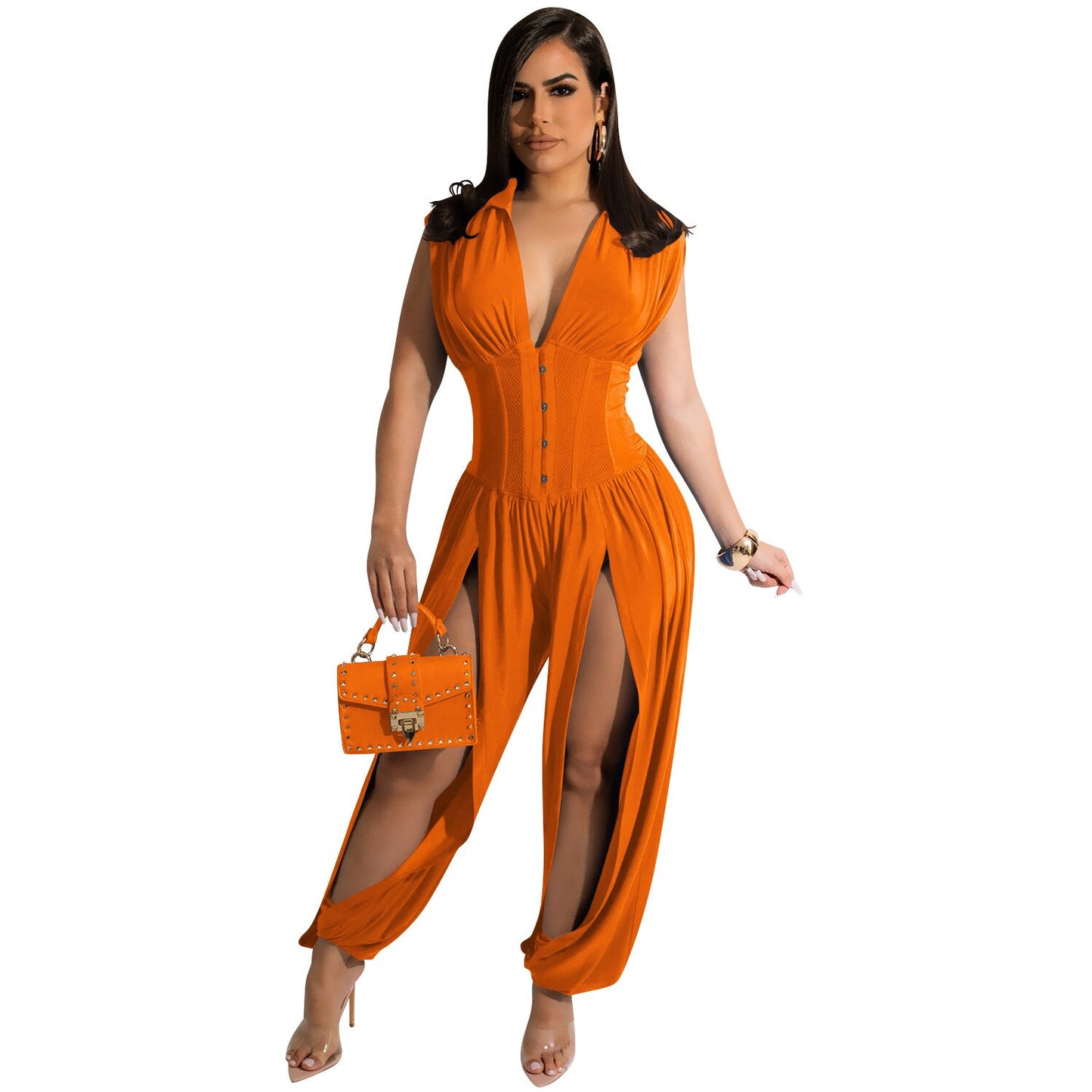 Echoine Woman Fashion Solid Sexy Deep V Neck Sleeveless Hollow Out Long Jumpsuit Casual Intellectual Club Party Romper Overalls