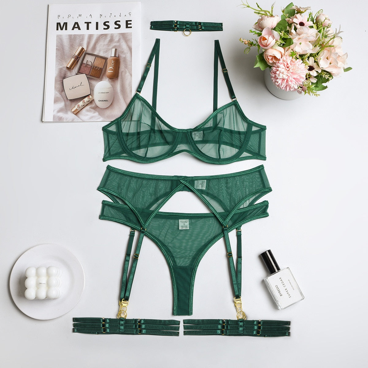 MIRABELLE Sensual Lingerie See Through Set Woman 4-Pieces Erotic Intimate Seamless Underwear Lace Bra and Panty Set Exotic Sets