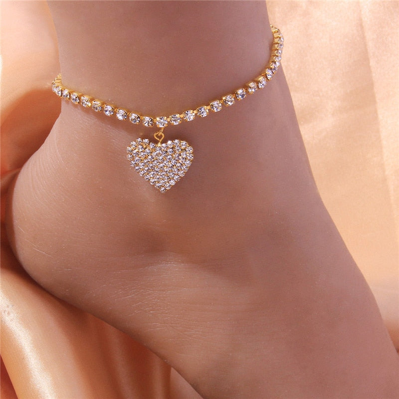 Huitan Heart Love Anklet Bracelet for Women Silver Color/Gold Color Luxury Ankle Accessories Fashion Barefoot Sandals Jewelry