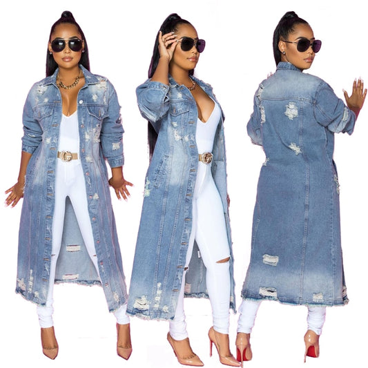 2021 New Arrive Fashion Sexy Hole Cotton Long Denim Jacket Trench Coat Cardigan Jeans Cape for Women Loose Long Sleeve Coat Ddlg