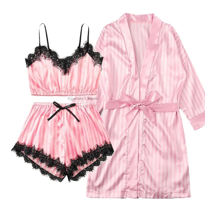 2022 New Robe Sets Pijamas Women Faux Silk Pajamas for Women Sexy Lace Hot V-neck Sleep wear Satin Summer Clothing Sets Homewear