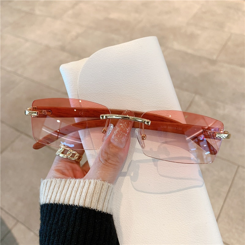 KAMMPT Rimless Sunglasses For Men Women Wooden Pattern Luxury Brand Retro Sun Glasses Fashion Shades UV400 Travel Outdoor