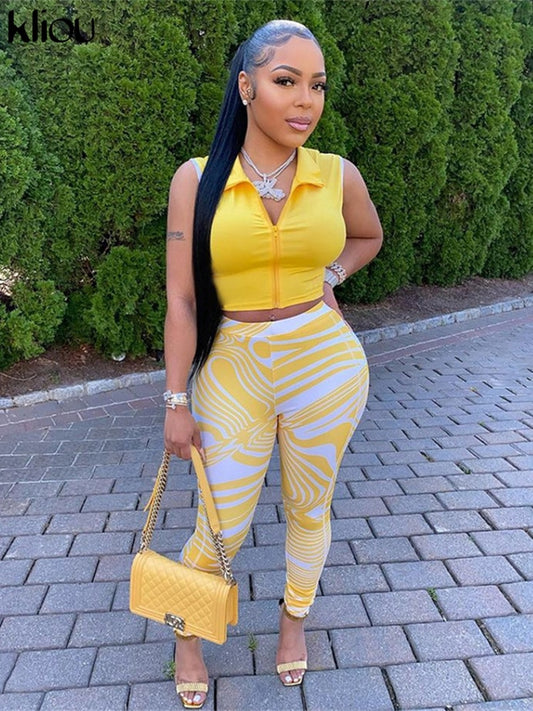 Kliou Casual Two Piece Set Women Sporty Sleeveless Crop Top+Skinny Print Leggings Matching Outfit Female Concise Cool Streetwear