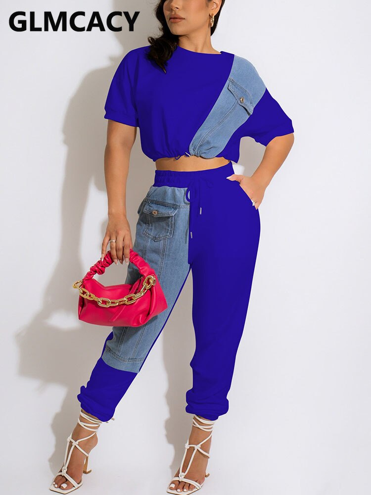 Women Two Piece Colorblock Denim Patchwork Suits Short Sleeve Crop Top &amp; Slim Pants Set