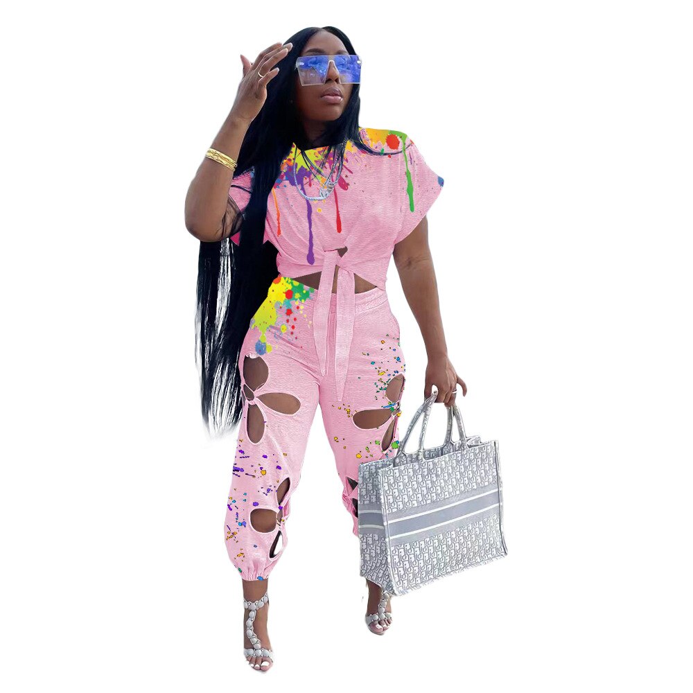 Women Two 2 Piece Set Splash Ink Tie Hem T-shirt and Hole in Lace Pants Streetwear Tracksuit 2022 Office Casual Suit