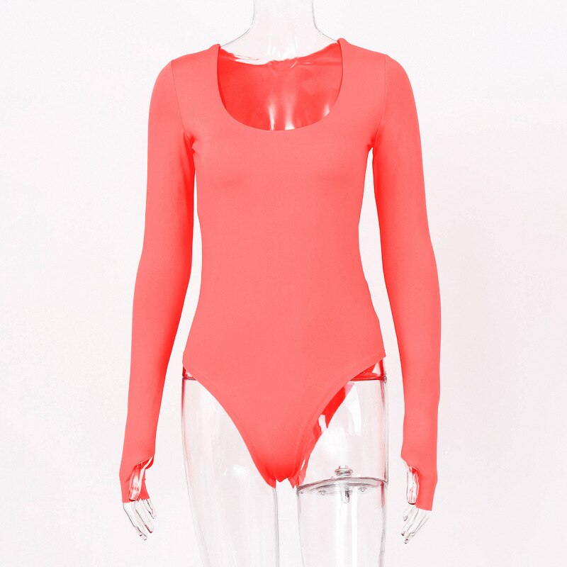 New Solid Bodycon Sexy Neon Orange Bodysuits Women Autumn  Long Sleeve Winter Basic Body Suit Female O Neck Black Pink GV852