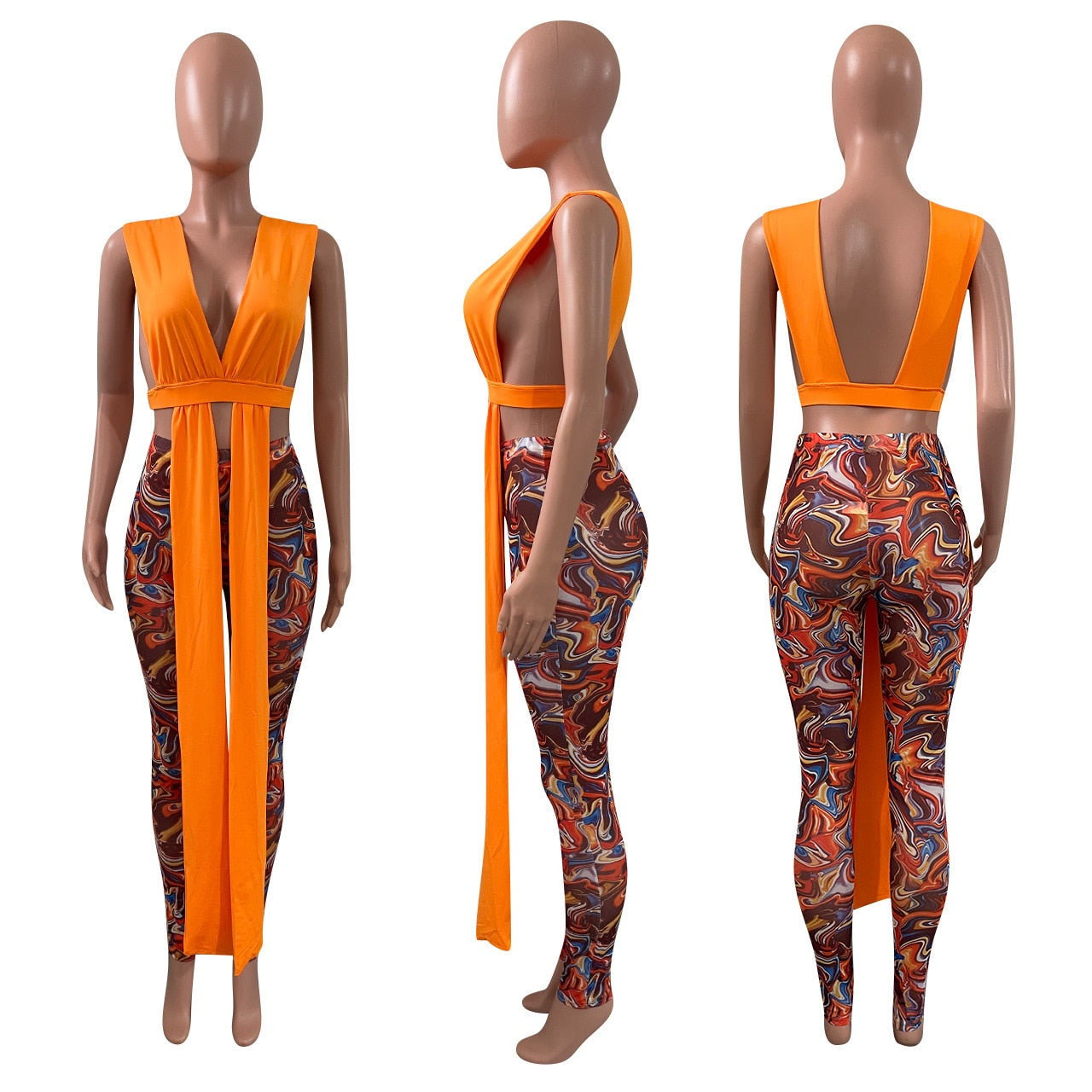 Sexy Strap Crop Top 2 Piece Sets Women Printed Mesh Long Pants and Sleeveless Backless Crop Top Summer Party Night Clubwear 2022