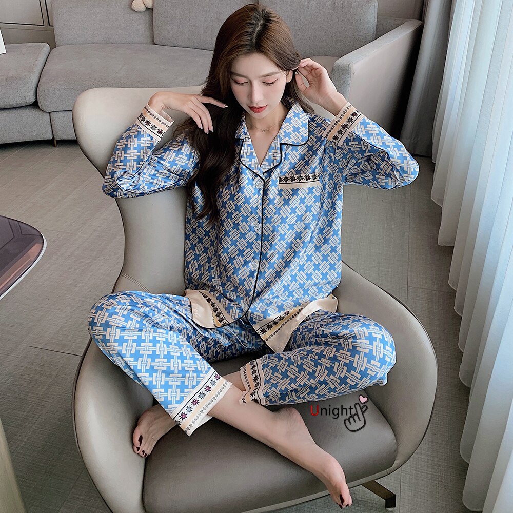 2022 New Spring Satin Silk Home Plaid Trouser Suit oversized 5XL Adult Costume Women's Pajamas for Sleep Luxury Nightwear