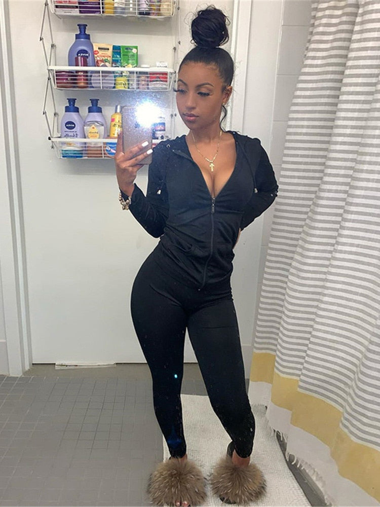 Kliou autumn new women hooded zipper pocket long sleeve tops sporty leggings matching set workout bodycon casual stretchy outfit