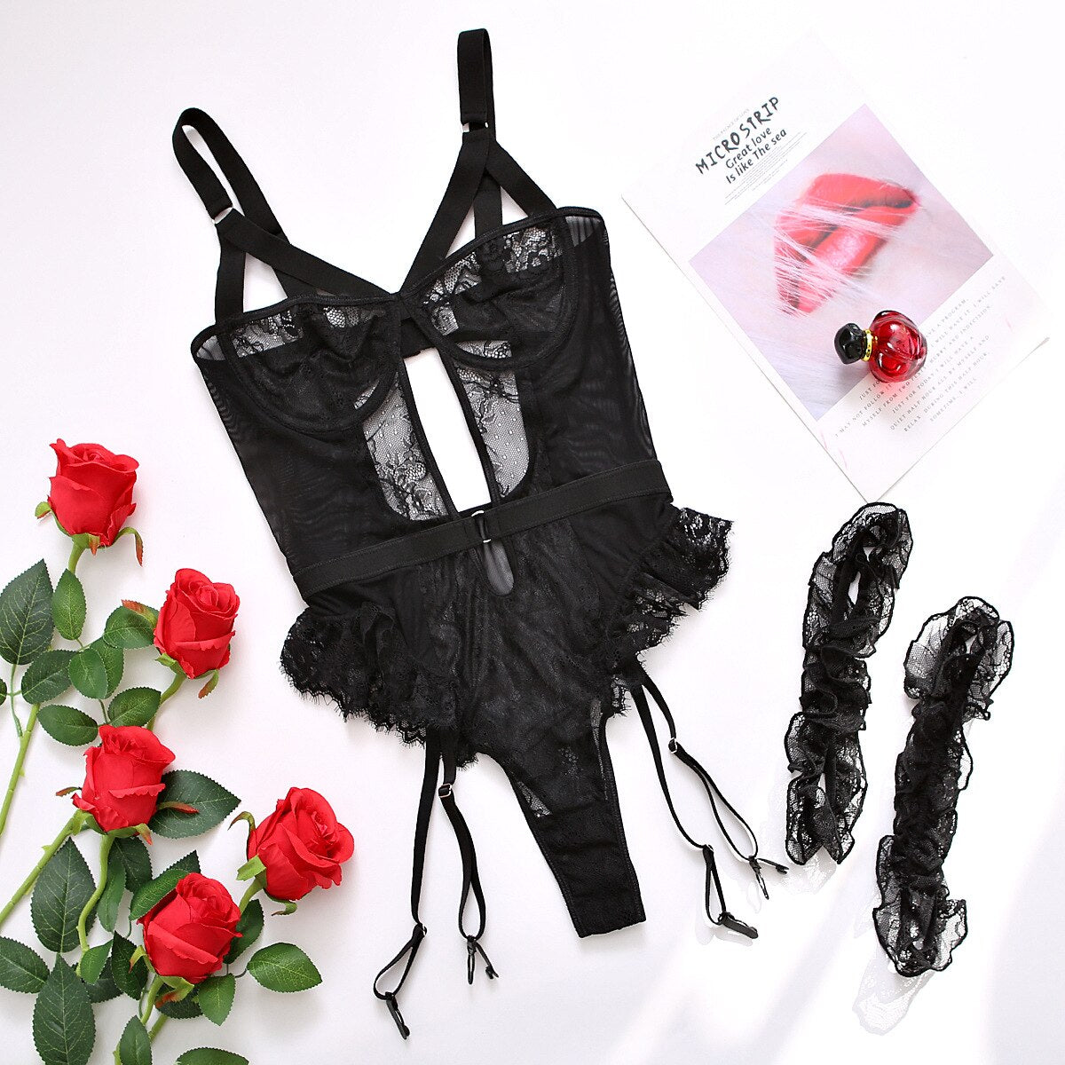 Pink Embroidery Floral Backless Sexy Mesh Sheer See Through One-piece Rompers Women Sexy Lingerie Slim Bodysuit Female Clubwear