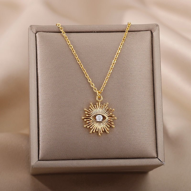 Turkish Evil Eye Pendant Necklace for Women Stainless Steel Gold Chain Necklaces 2022 Trend Choker Boho Lucky Aesthetic Jewerly