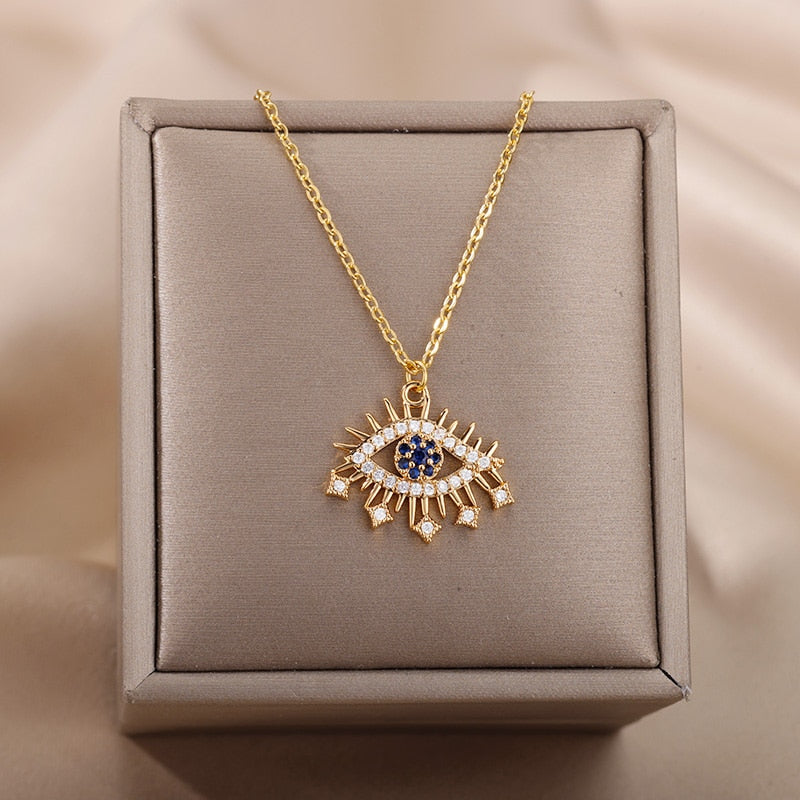 Turkish Evil Eye Pendant Necklace for Women Stainless Steel Gold Chain Necklaces 2022 Trend Choker Boho Lucky Aesthetic Jewerly