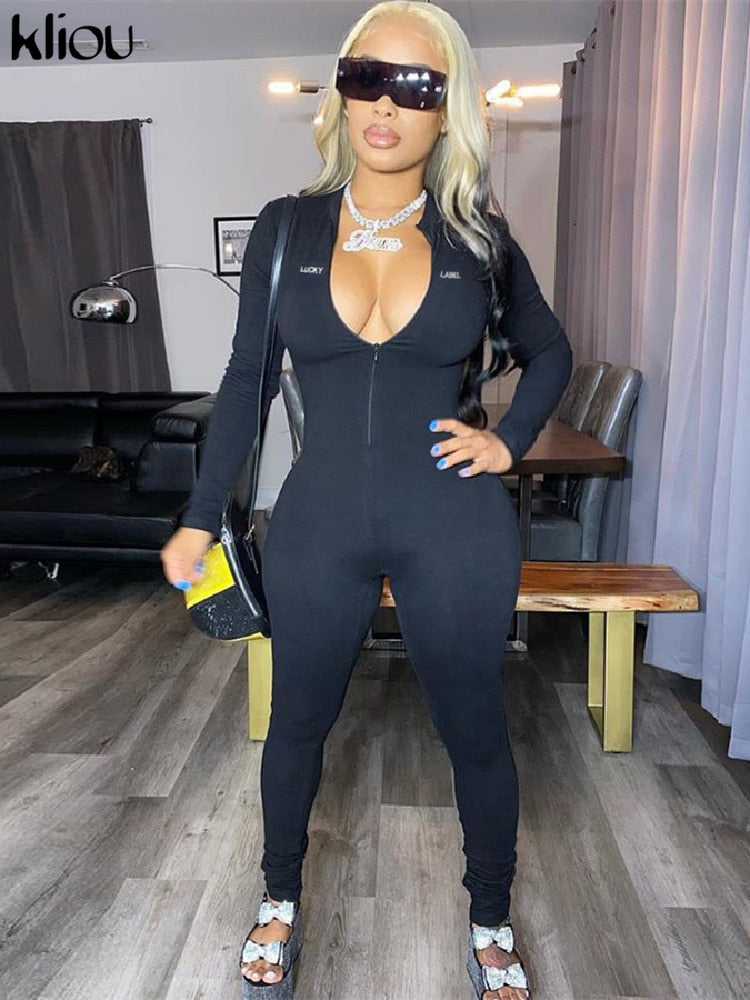 Kliou Letter Embroidery Solid Stacked Zipper Jumpsuits Women Autumn Rompers V-neck High Waist Elastic Female Sporty Streetwear