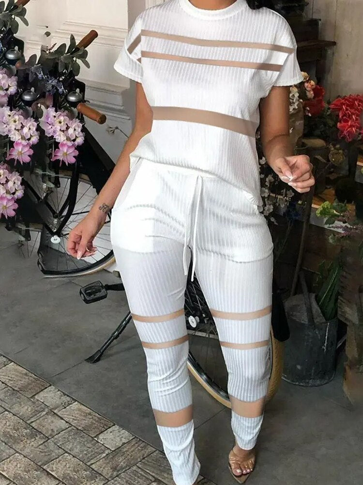 Summer Women Fashion Short Sleeve Two Piece Suit Sets Round Neck Ribbed Contrast Mesh Top &amp; Drawstring Pants Set