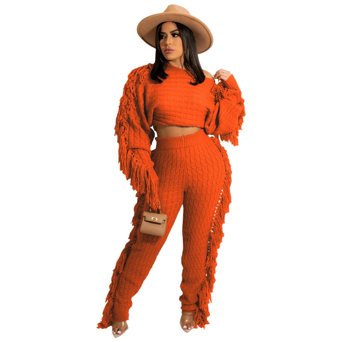ANJAMANOR Tassel Knitted Sweater Sexy Two Piece Set Matching Pants Sets Fashion Winter Outfits for Women 2021 Wholesale D62-HZ95