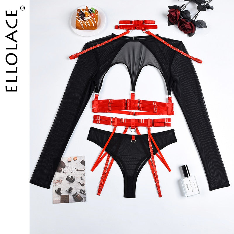 Ellolace Sexy Lingerie Sexual Costume Cut Out Porn Transparent Exotic t-Shirts Gothic Sensual Accessories 4-Piece Garter Belt