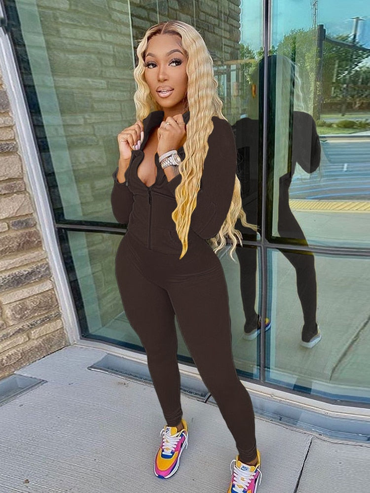 Kliou autumn new women hooded zipper pocket long sleeve tops sporty leggings matching set workout bodycon casual stretchy outfit