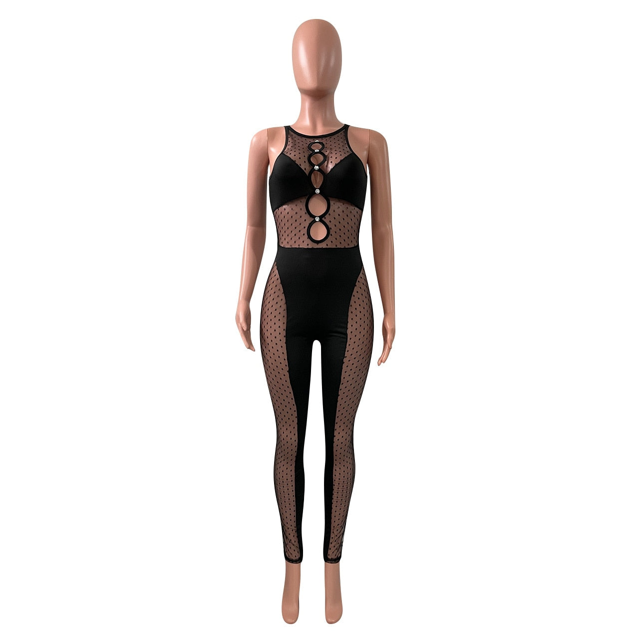 hirigin Mesh Patchwork Women Sleeveless Cut out Jumpsuit Skinny Sexy Streetwear Sportswear Long pant Rompers 2022 Summer Outfits