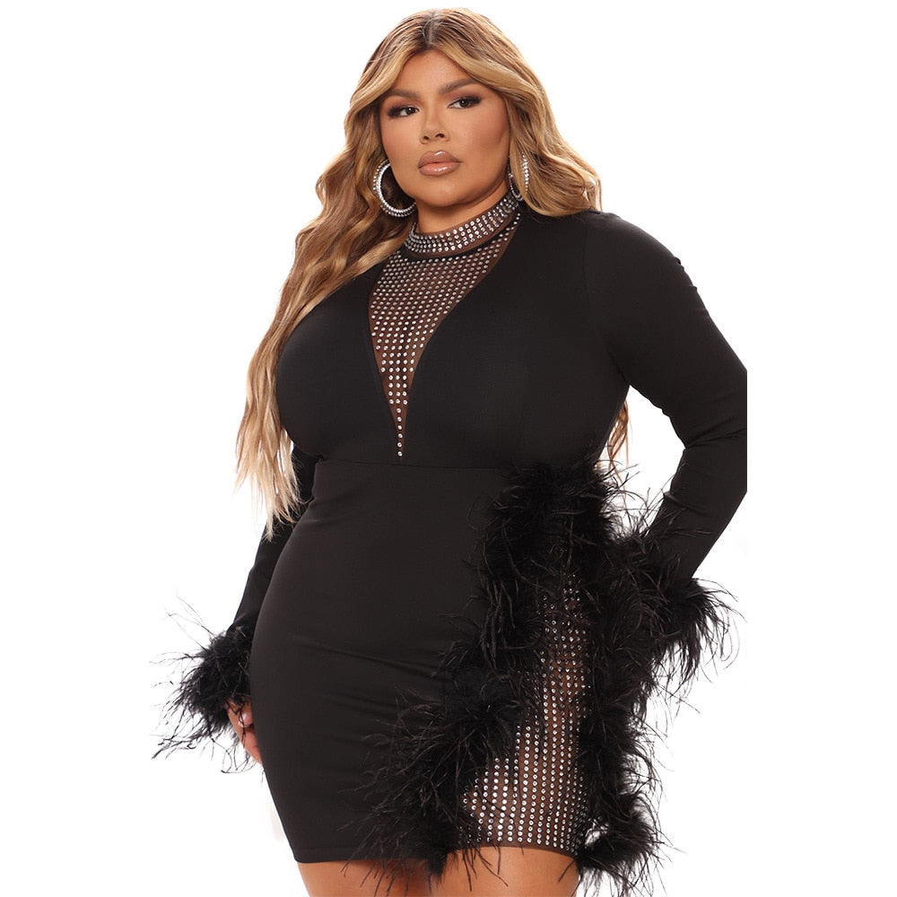 Elegant Trendy Plus Size Women Clothing Round Neck Long Sleeve Diamonds Mesh Patchwork Feather Sexy Evening Dresses Wholesale