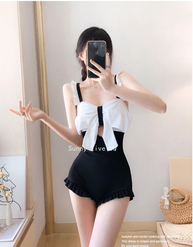 2022 New Women's Swim Suit One-Piece Ruffled Swim Wear Bow Backless Beach Jump Suits for Women Black White Conservative Swimwear