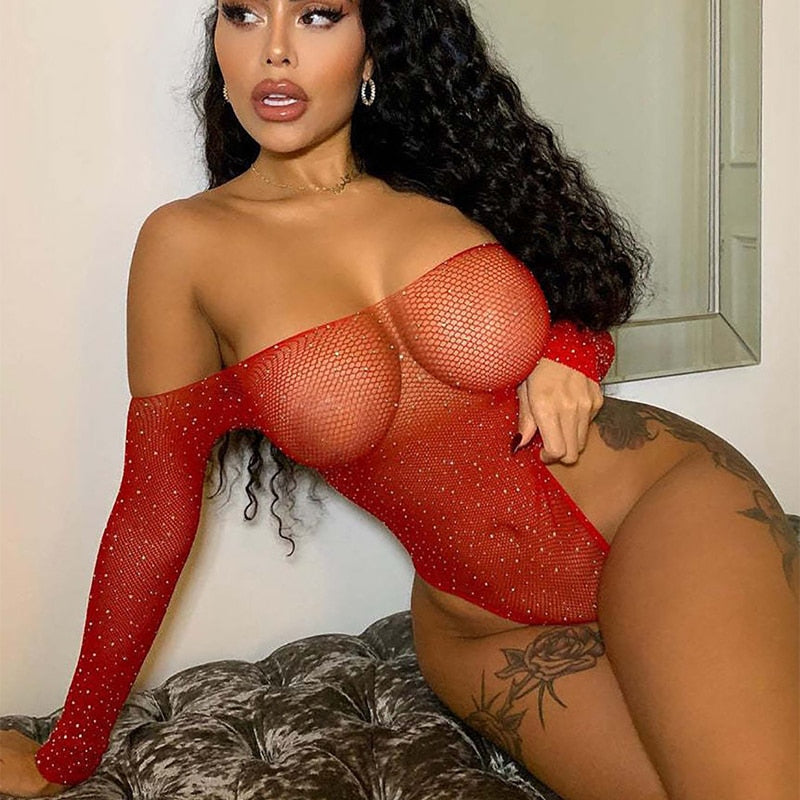 One-Piece Erotic Sexy Lingerie Bodysuit Women Pornos Suit Perspective Rhinestone Underwear Transparent Mesh Open Bra Sets Whore