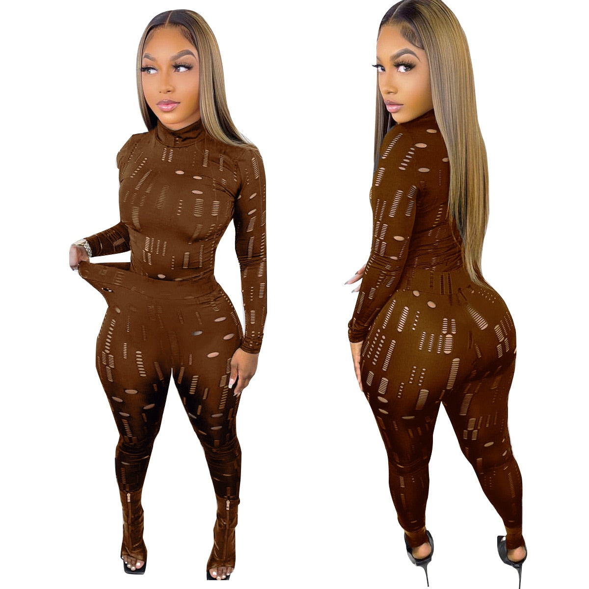 Irregular Hole Fall Trend Skinny  Women Tracksuit Sexy Hollow Out  Top T-Shirt + Slim Pencil Pants 2 Piece Matching Set Outfits