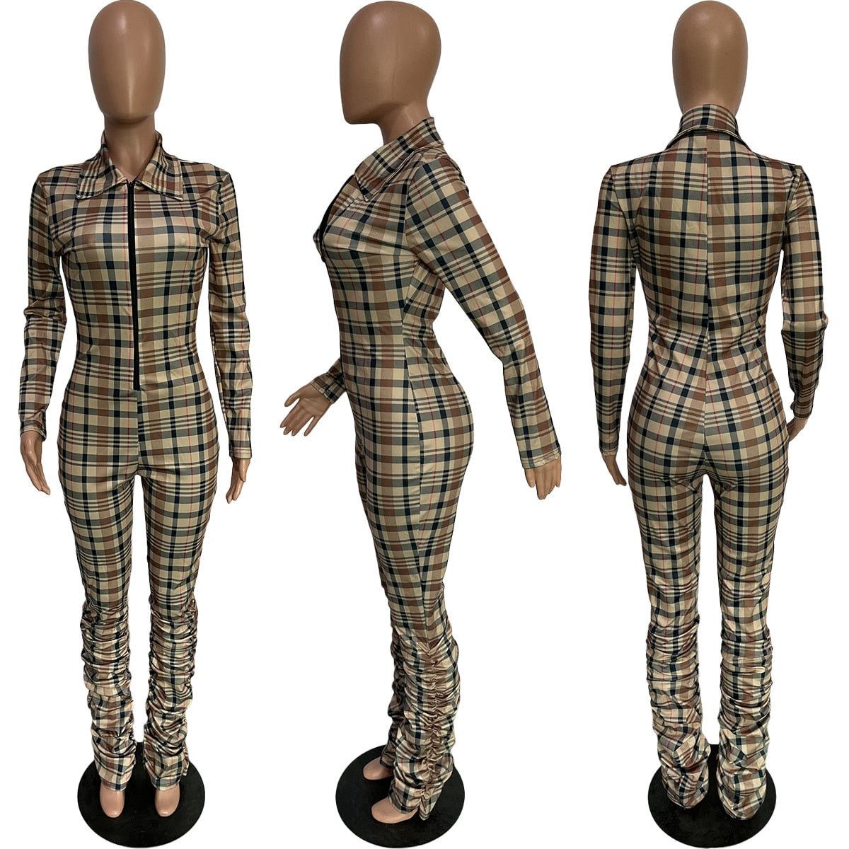 2022 Jumpsuit Women Slim Fit Zipper V Neck Sexy Fashion Plaid Bodysuit Spring Outdoor Sportswear Club Romper Pleated Pants