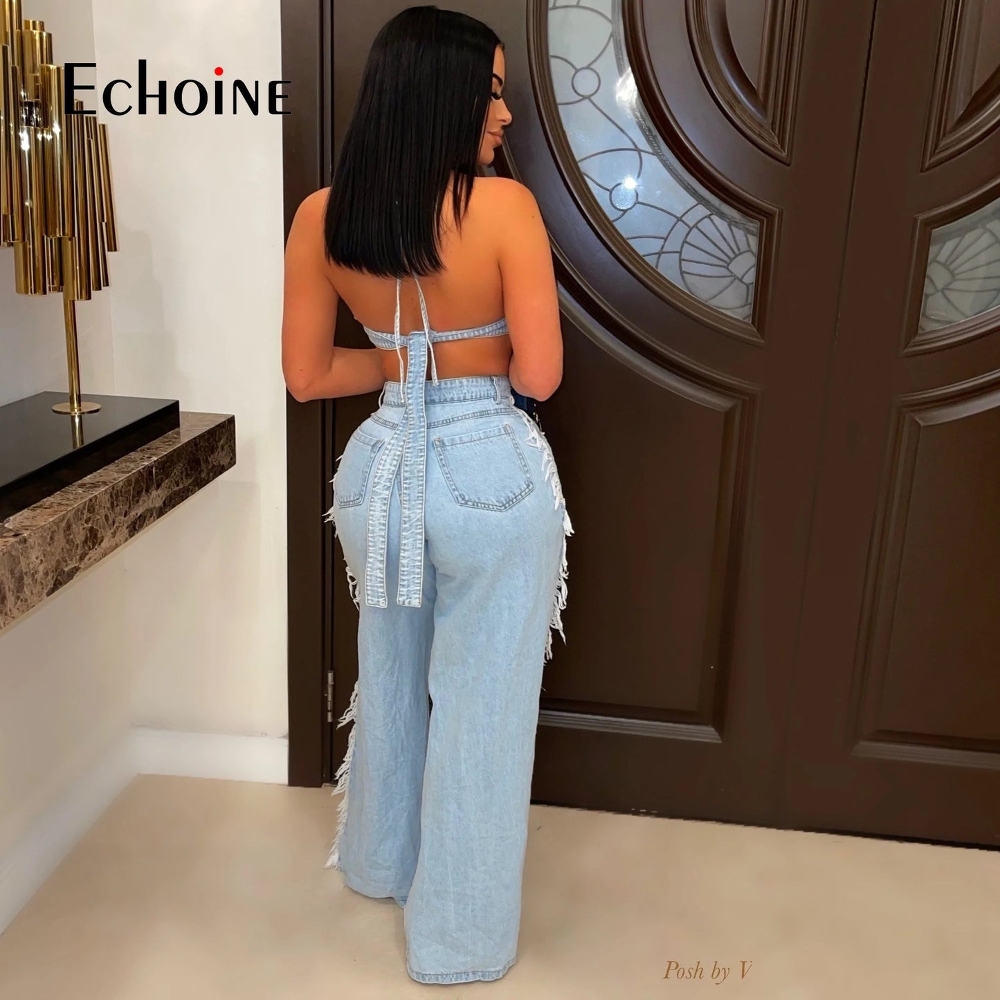 Echoine Women Street Denim Suit Crop Top And Hole Tassel Jean Trouser Pants Two 2 Piece Set 2022 Summer Elegant Jeans Outfits