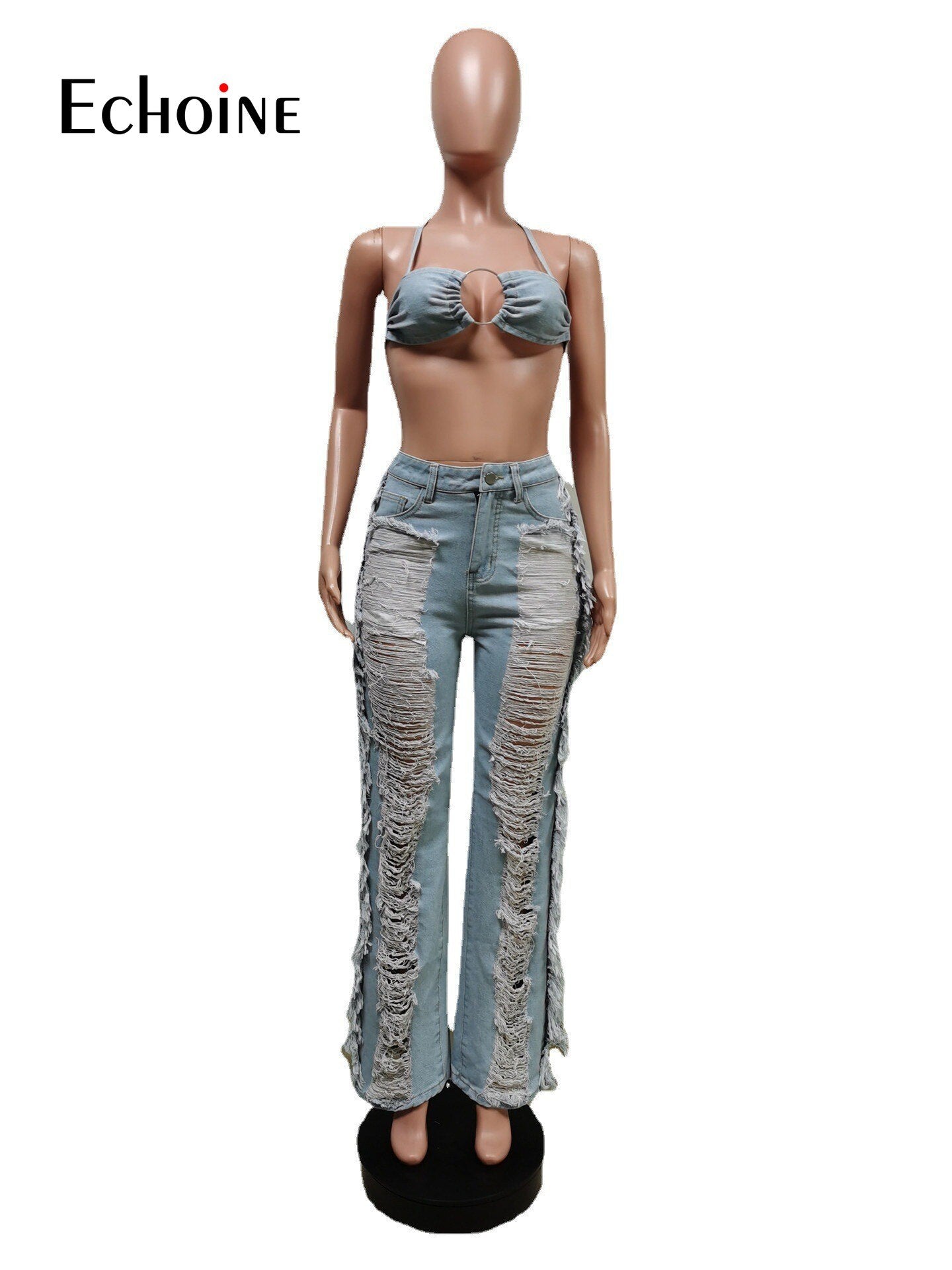 Echoine Women Street Denim Suit Crop Top And Hole Tassel Jean Trouser Pants Two 2 Piece Set 2022 Summer Elegant Jeans Outfits