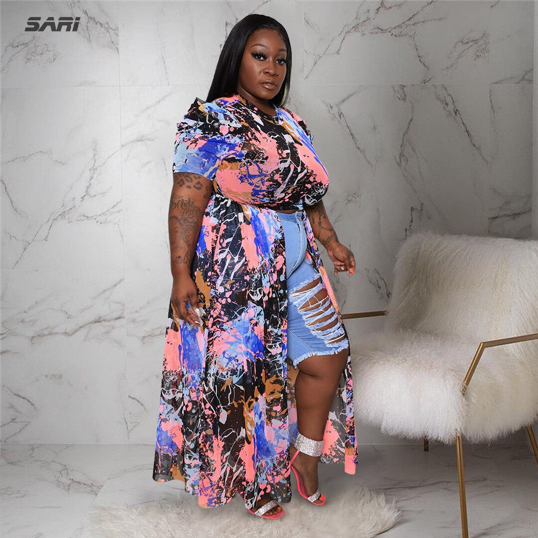 Plus Size Women Elegant Dress Printed Short Sleeve Shirt Summer Mesh Perspective Split Hollow Long Skirt Beach Vacation Clothing