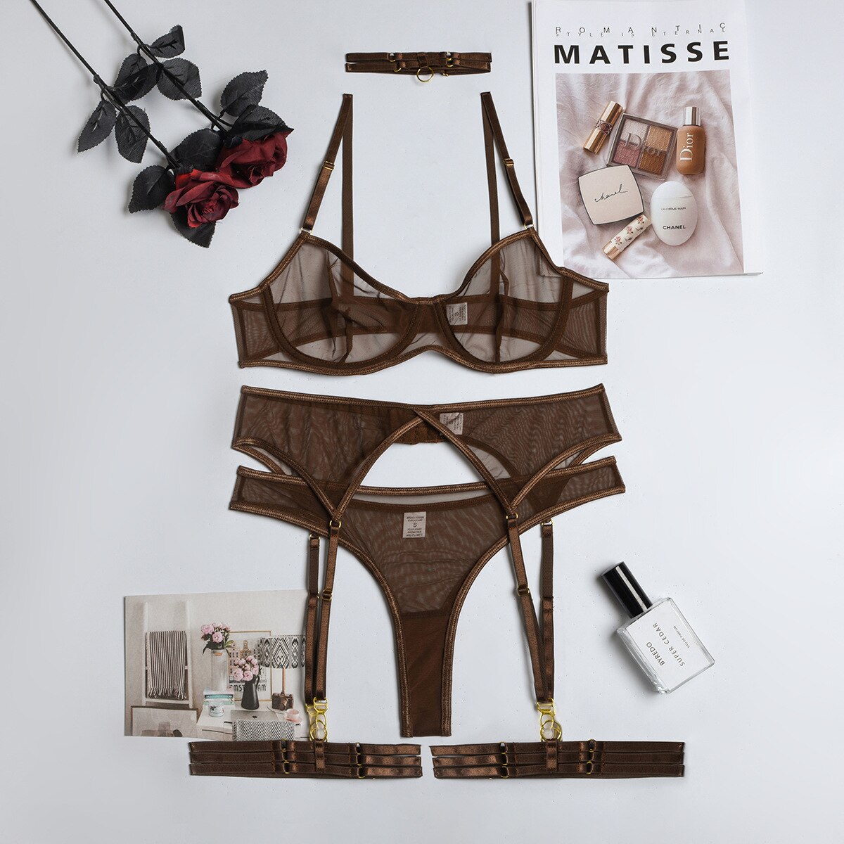 MIRABELLE Sensual Lingerie See Through Set Woman 4-Pieces Erotic Intimate Seamless Underwear Lace Bra and Panty Set Exotic Sets