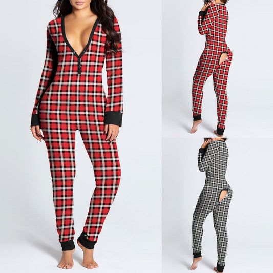 Onesie Plaid Print Button-down Front Functional V-neck Buttoned Flap Jumpsuit Combinaison Pyjama Femme Sexy