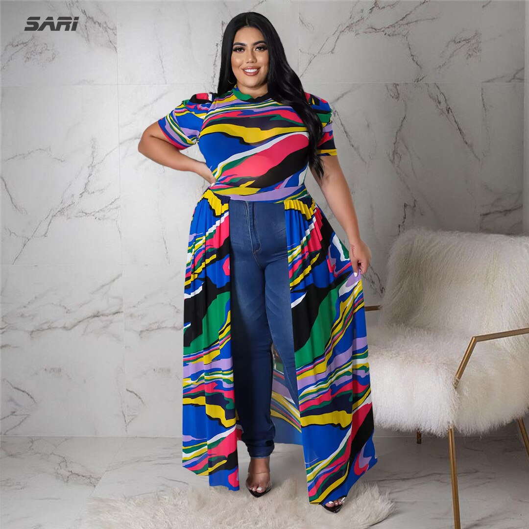Plus Size Women Elegant Dress Printed Short Sleeve Shirt Summer Mesh Perspective Split Hollow Long Skirt Beach Vacation Clothing