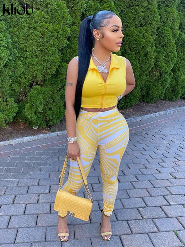 Kliou Casual Two Piece Set Women Sporty Sleeveless Crop Top+Skinny Print Leggings Matching Outfit Female Concise Cool Streetwear