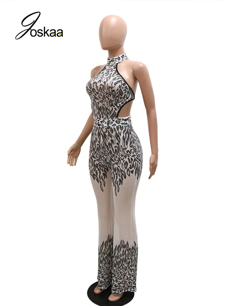 Joskaa Sequin Splice Nude Mesh Sheer Jump Suits for Women 2022 Fashion Halter Backless Wide Leg Jumpsuit Sexy Club Outfits