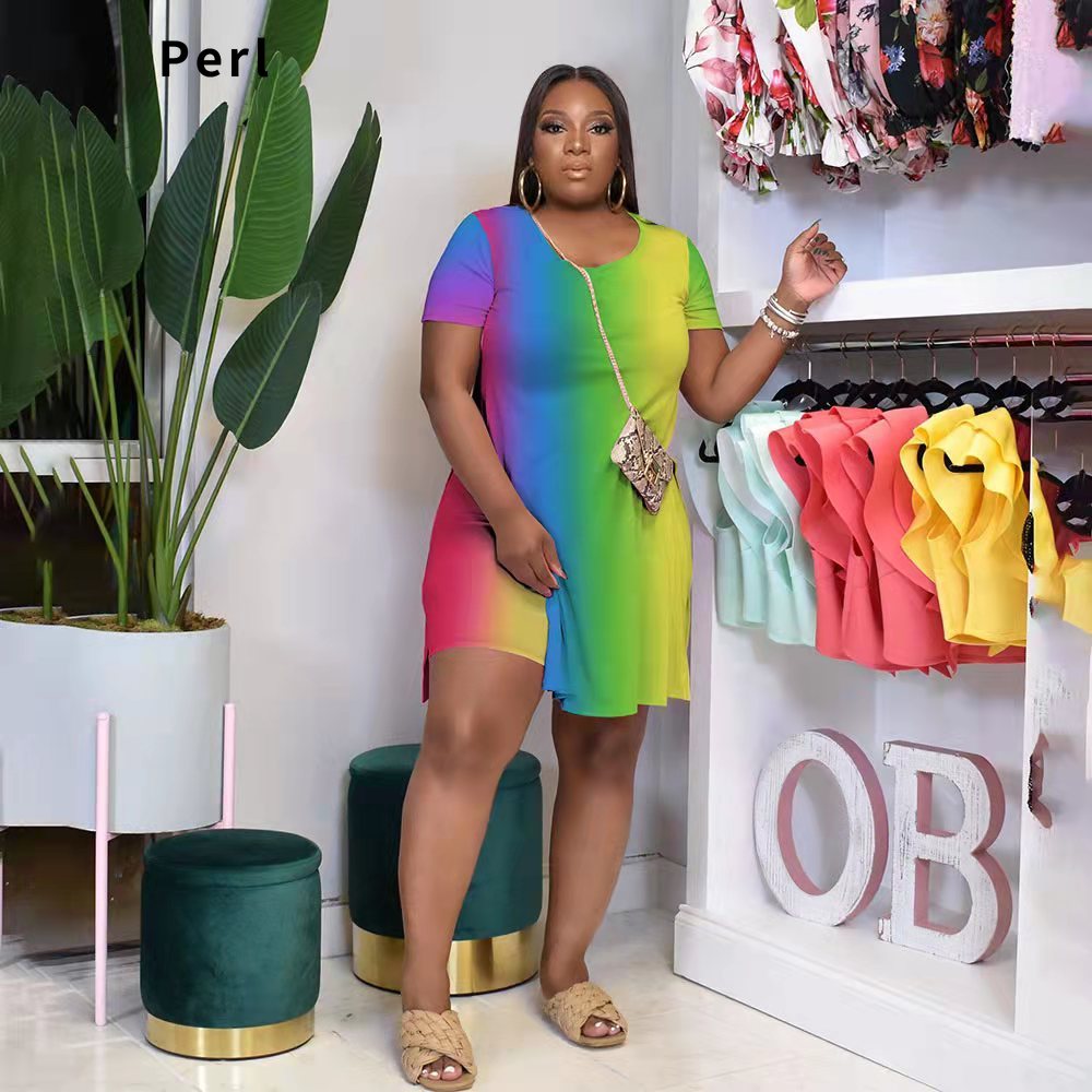 Perl Round Neck Gradient Dress Plus Size Women Clothing Fashion Summer Outfit Casual Skirt Vestidos De Verano Mujer 2022 4XL