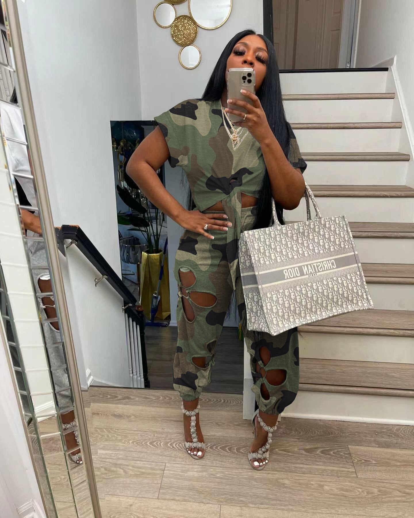Women Pant Sets Casual Suits Camouflage Short Sleeve Tie Front Crop Top T Shirt &amp; Hollow Out Pants Sets Women Two Piece Suit