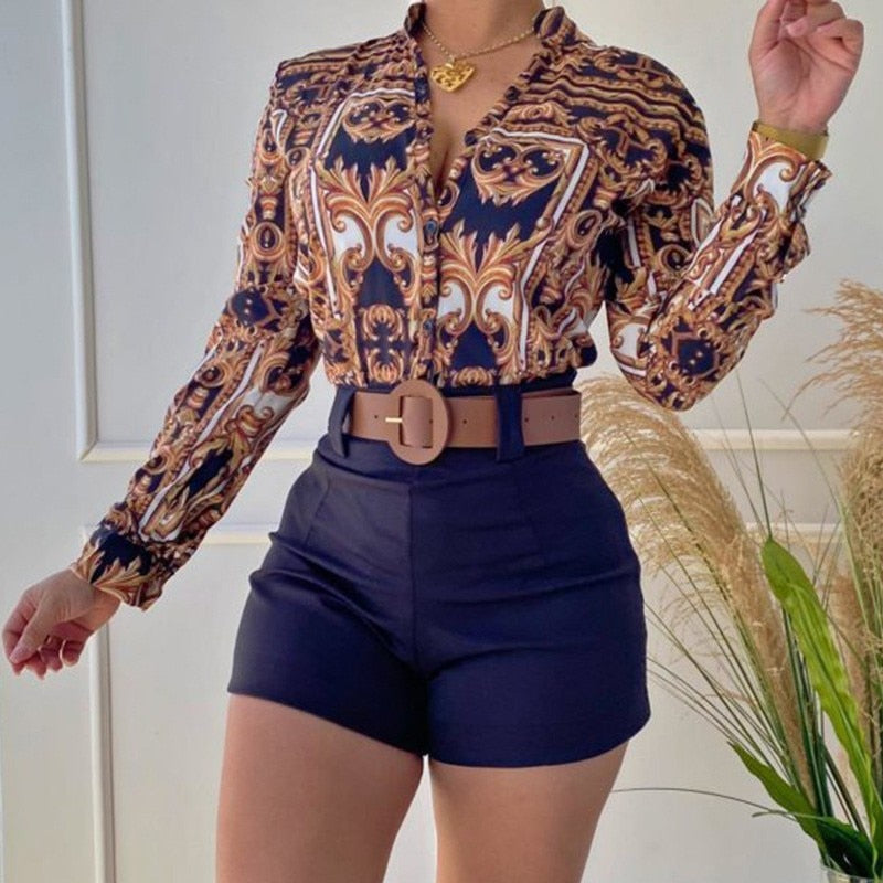 2022 Women's Suit Summer Tracksuit Shorts Sets Two Piece Sets Women Outifits Long Sleeve Sexy Print Blouses Women No Belt