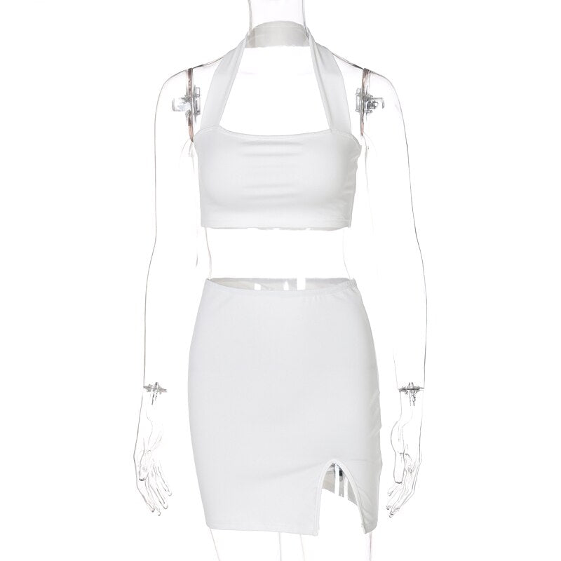 Europe And The United States Spring/Summer 2022 New Fashion Women'S Sexy Solid Color Halterneck Wrap Chest Split Short Skirt Set