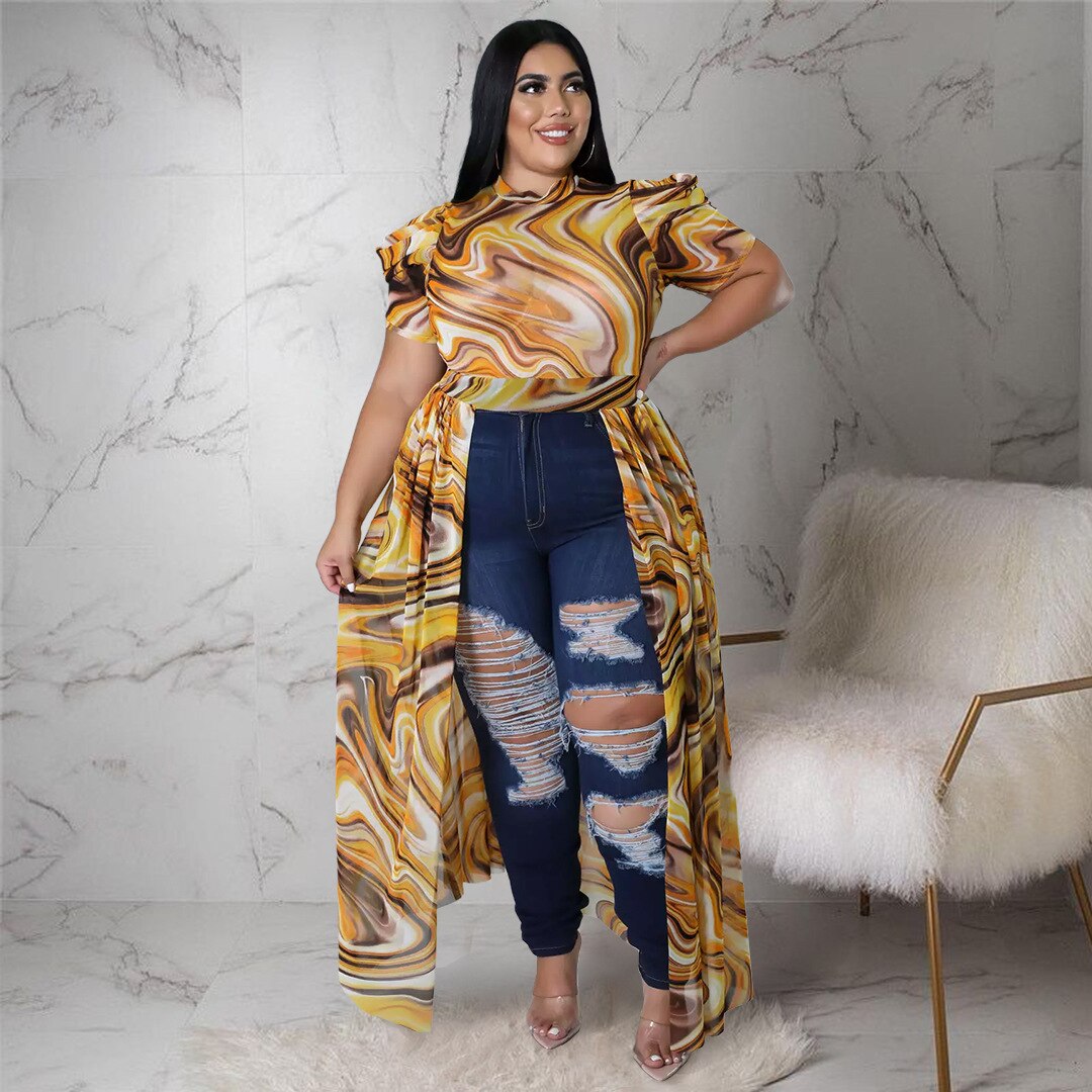 Plus Size Women Elegant Dress Printed Short Sleeve Shirt Summer Mesh Perspective Split Hollow Long Skirt Beach Vacation Clothing