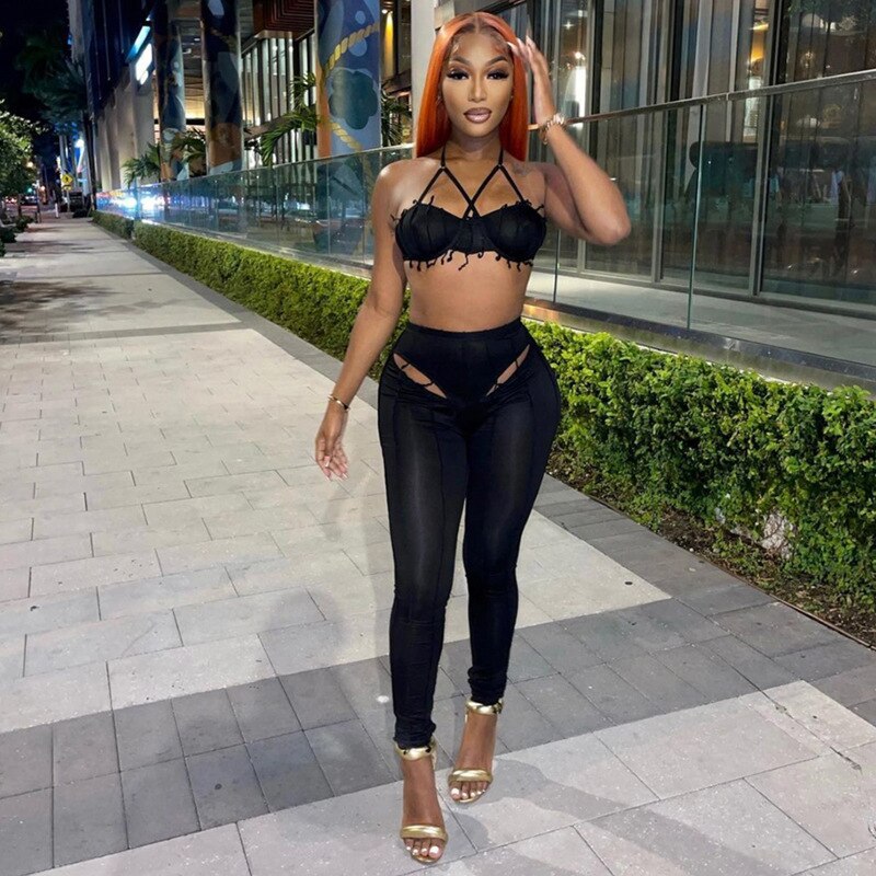 Adogirl Summer Solid Two Piece Set Women Sleeveless Halter Crop Tops + Leggings Female Sexy Party Club Y2k Streetwear Outfits