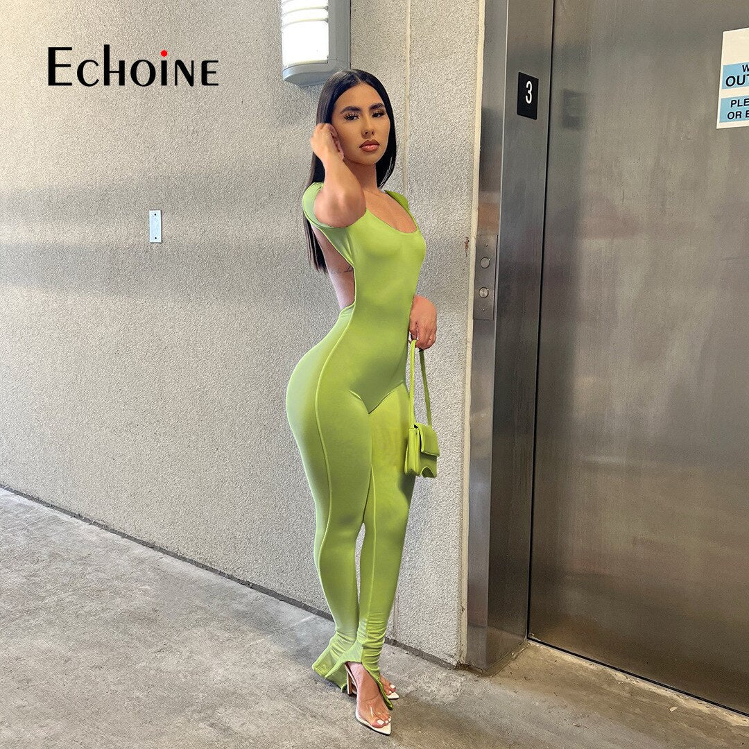 Echoine 2022 Women New Solid Backless Slit Flared Long Pants  bodysuits Short Sleeve Jumpsuits Fasion Sexy Club Party overalls