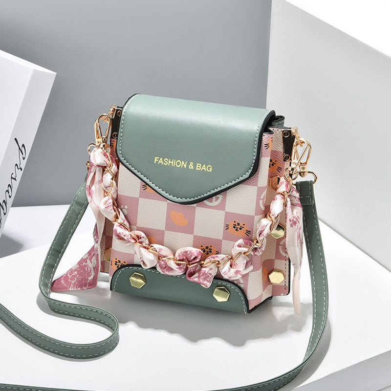 Fashion Women Pattern Shoulder Bag Hardware Chain Strap Color Block Messenger Handbag Composite Cross Body Bag