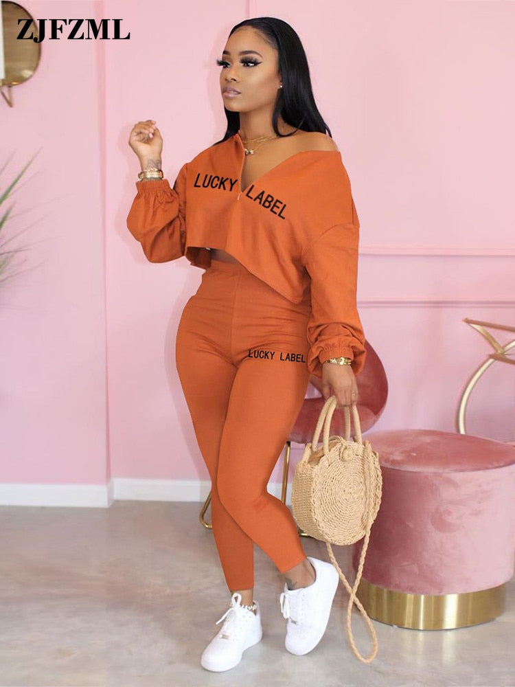 LUCKY LABEL Embroidery Long Sleeve Loose Crop Top and Skinny Pencil Legging Casual Sweatsuits 2 Piece Matching Set Co-ord Outfit